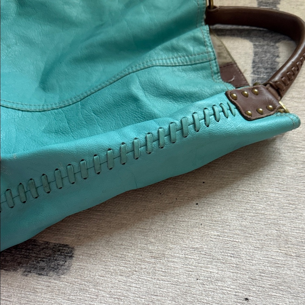 Lucky Brand Turquoise Leather Tote with Brown Handles - Picture 6 of 16